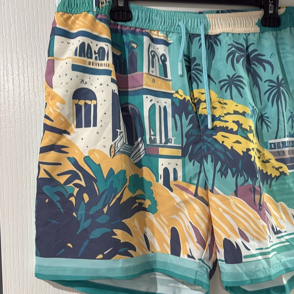 Boohoo Man‎ Swim Trunks - Teal with Cruise ship and Villa print 3XL - Picture 2 of 6